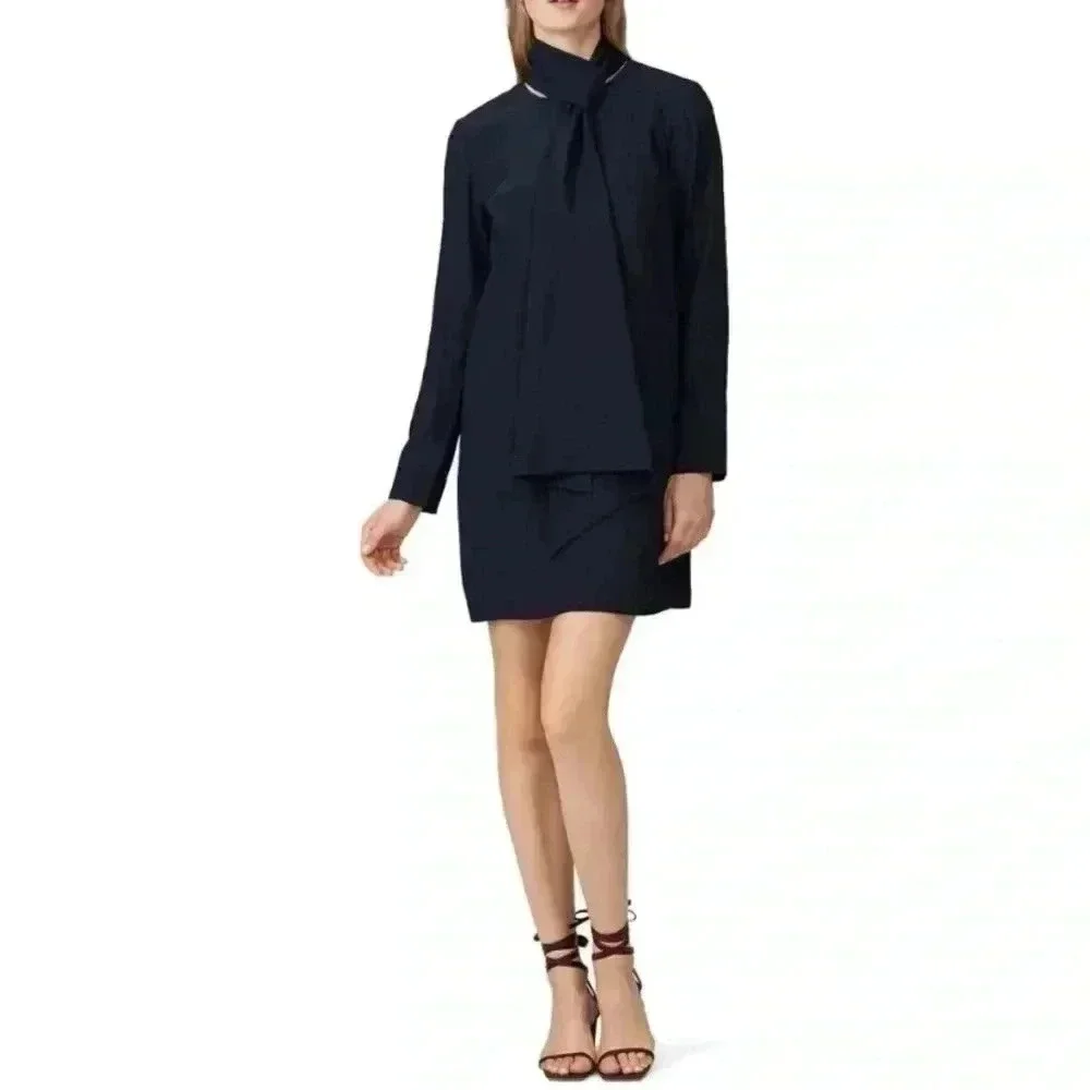 Tibi New Silk Crepe Tie Neck Mini Dress Size 6 Cocktail Party 70s Retro Office
